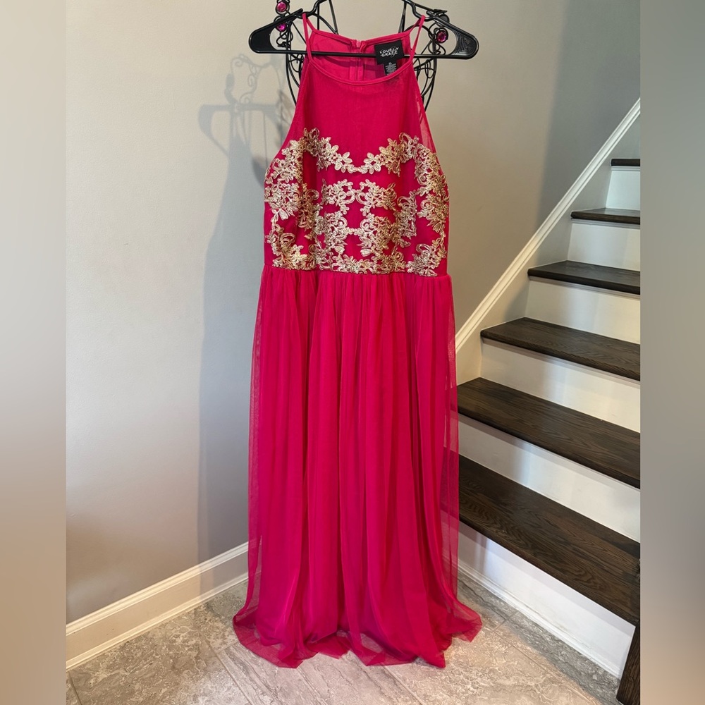 Lovely Grace Sparkle Gold Maxi Dress Fuchsia Women's XL